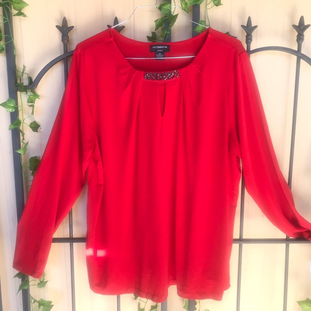 Liz Claiborne Blouse 2X Red Bling Neck Holidays